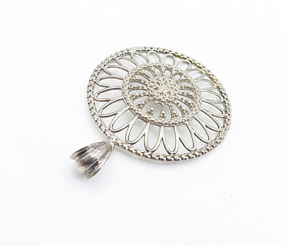 925 Sterling Silver  Vintage Shiny Open Flower Design Round Pendant  PT4522