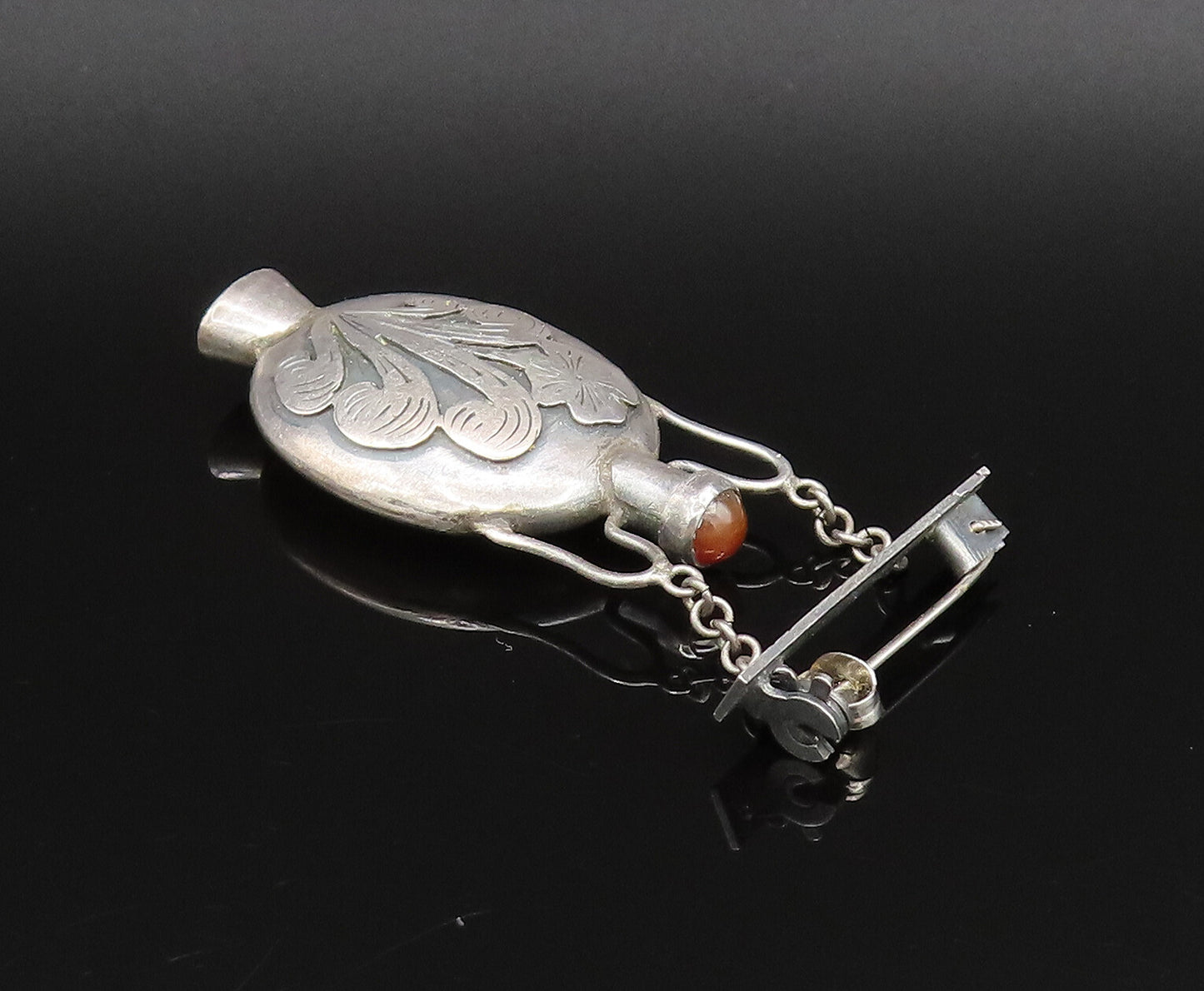 ISRAEL 925 Silver  Vintage Carnelian Perfume Bottle Brooch Pin (OPENS)  BP9886