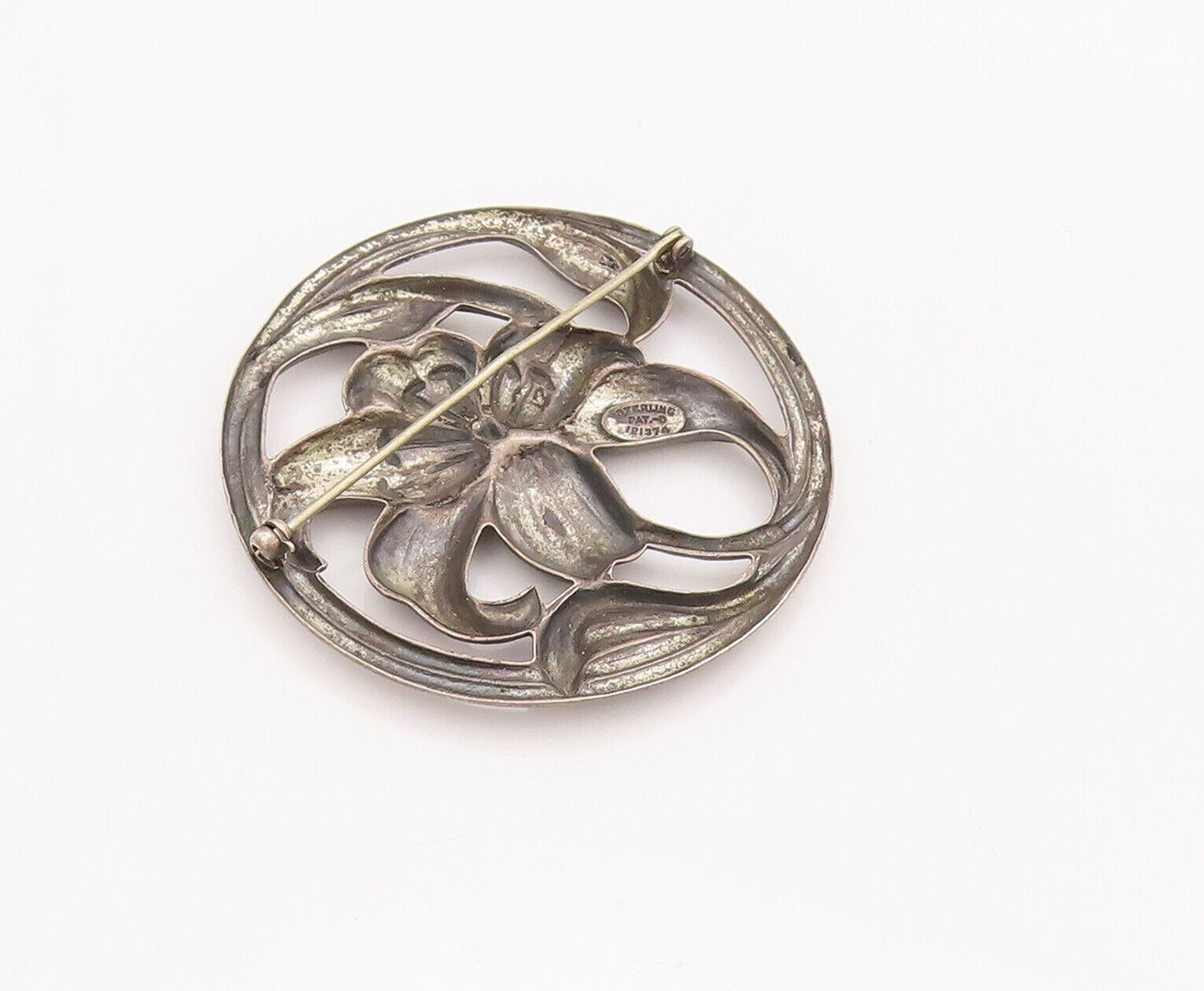 925 Sterling Silver Vintage Brooch Pin Antique Carved Framed Flower  BP10824