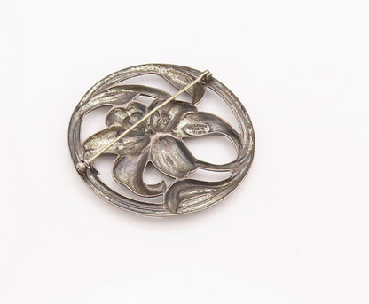 925 Sterling Silver Vintage Brooch Pin Antique Carved Framed Flower  BP10824