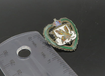 925 Sterling Silver  Vintage Enamel Maple Leaf Crown Heart Brooch Pin  BP8665