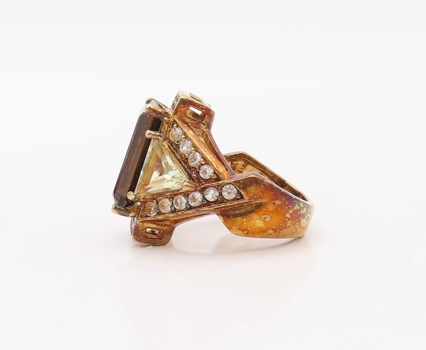 925 Sterling Silver Vintage Ring Gold Plated Smoky Quartz & Topaz  Sz 6  RG30770
