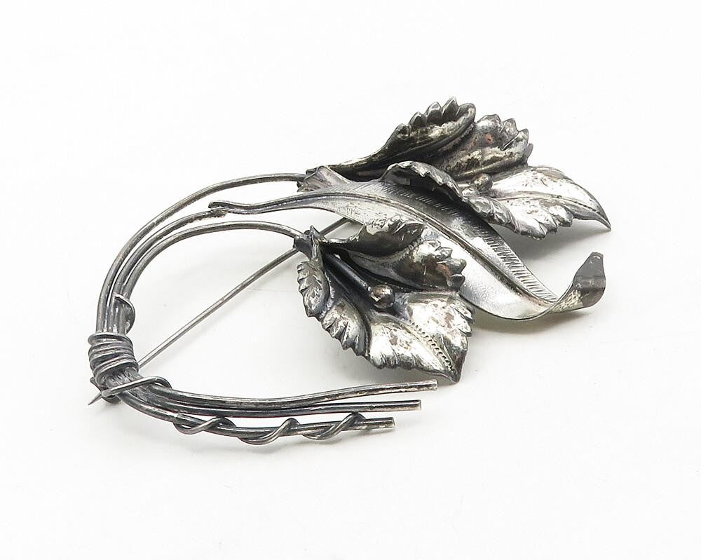 925 Sterling Silver  Vintage Oxidized Wire Wrapped Flowers Brooch Pin  BP3681