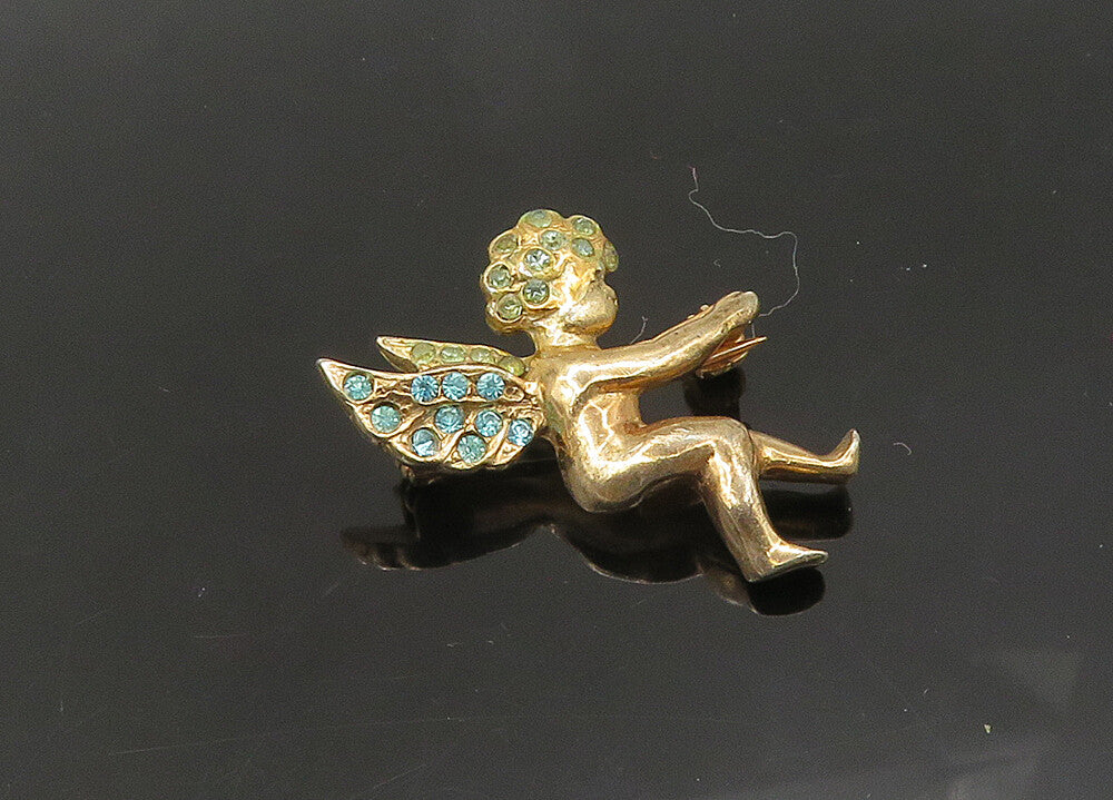 925 Sterling Silver  Vintage Blue Topaz Baby Angel Shiny Brooch Pin  BP8477