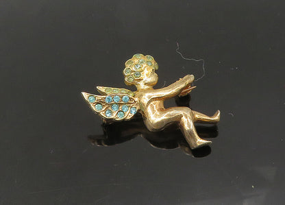 925 Sterling Silver  Vintage Blue Topaz Baby Angel Shiny Brooch Pin  BP8477
