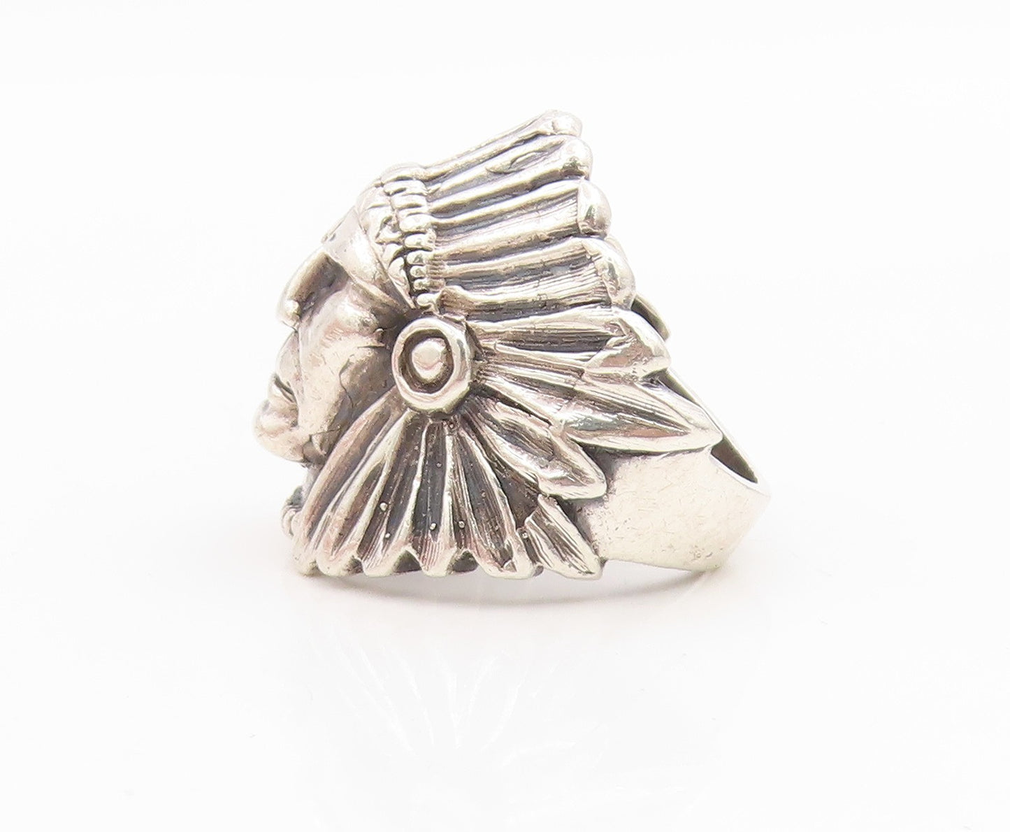 925 Sterling Silver Vintage Ring Carved Tribal Chief Headdress  Sz 8  RG34949