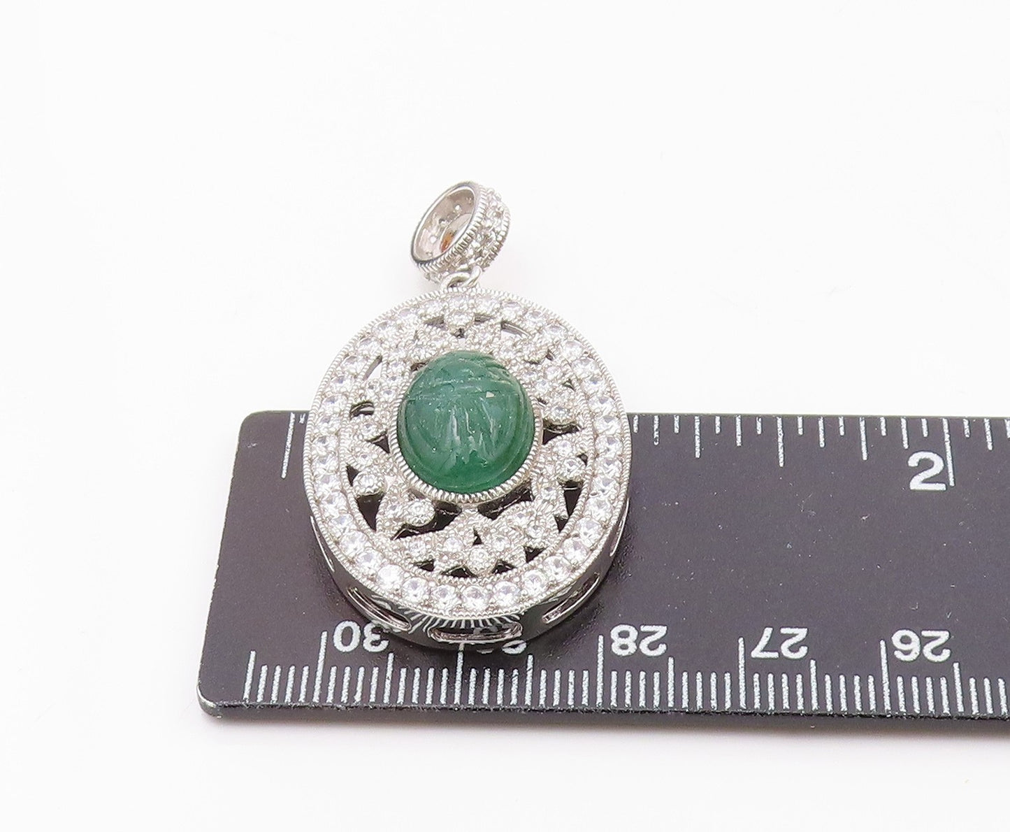 925 Sterling Silver  Vintage Carved Jade & Cubic Zirconia Pendant  PT20048