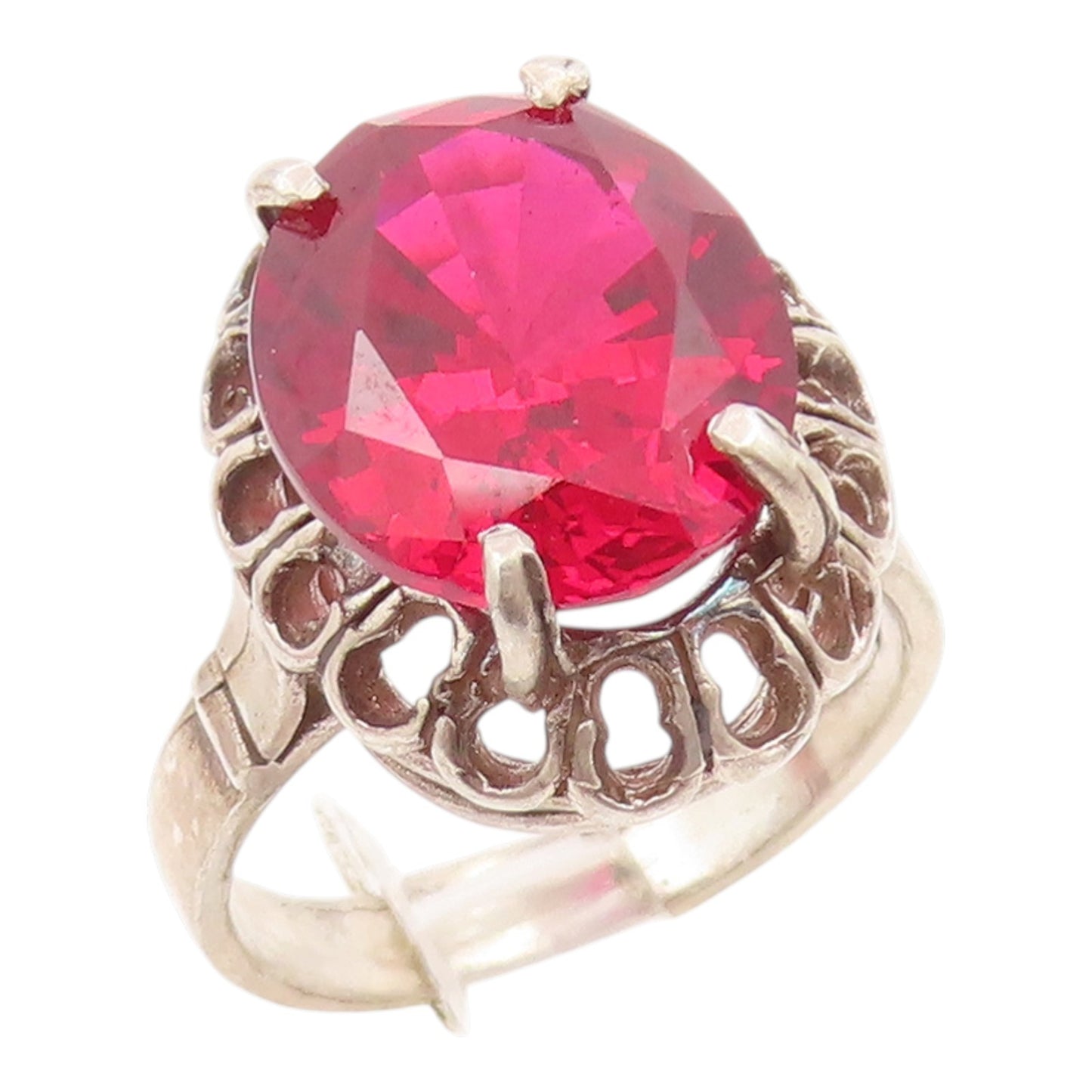 925 Sterling Silver Vintage Ring Oval Cut Ruby Floral Cutout Band  Sz 8  RG35677