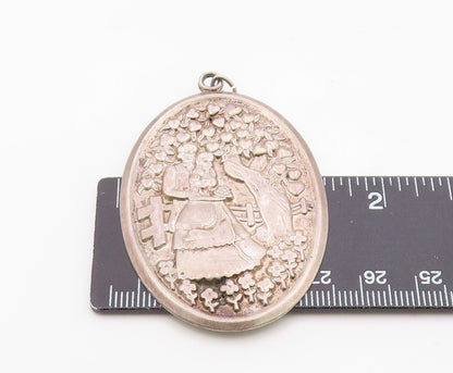 925 Sterling Silver Vintage Pendant Courting Couple & Love Heart Tree   PT26320