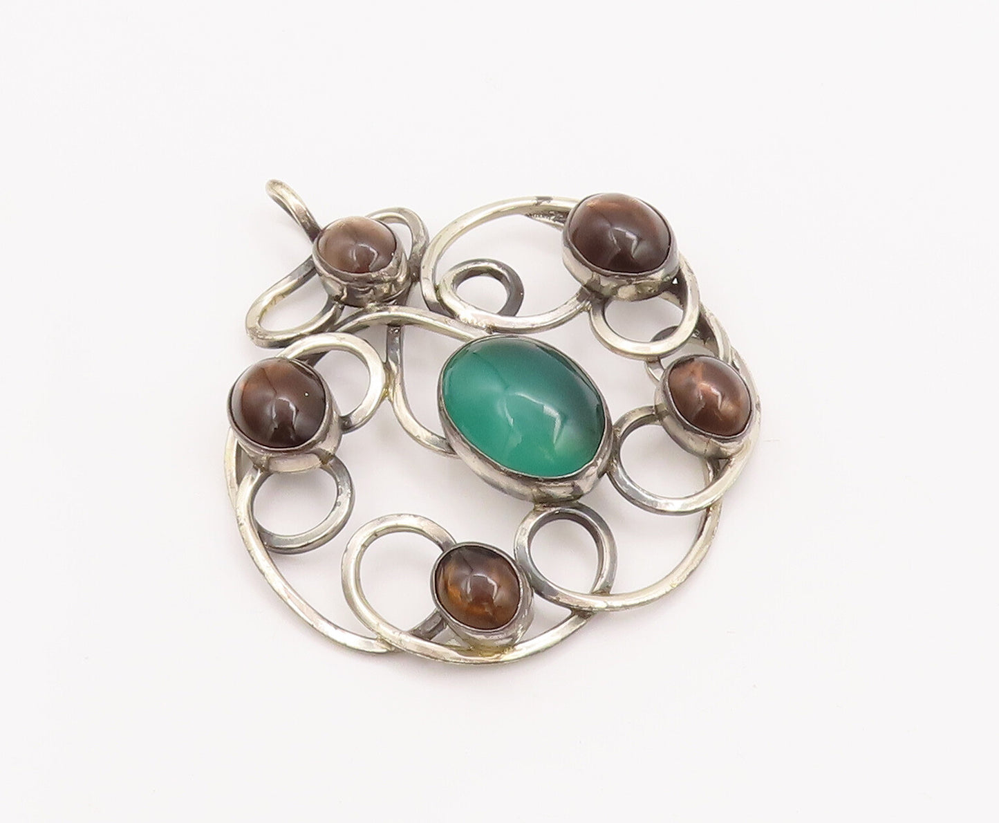 925 Sterling Silver Vintage Pendant TEPPICH ISRAEL Loop Carved Gemstones PT23114