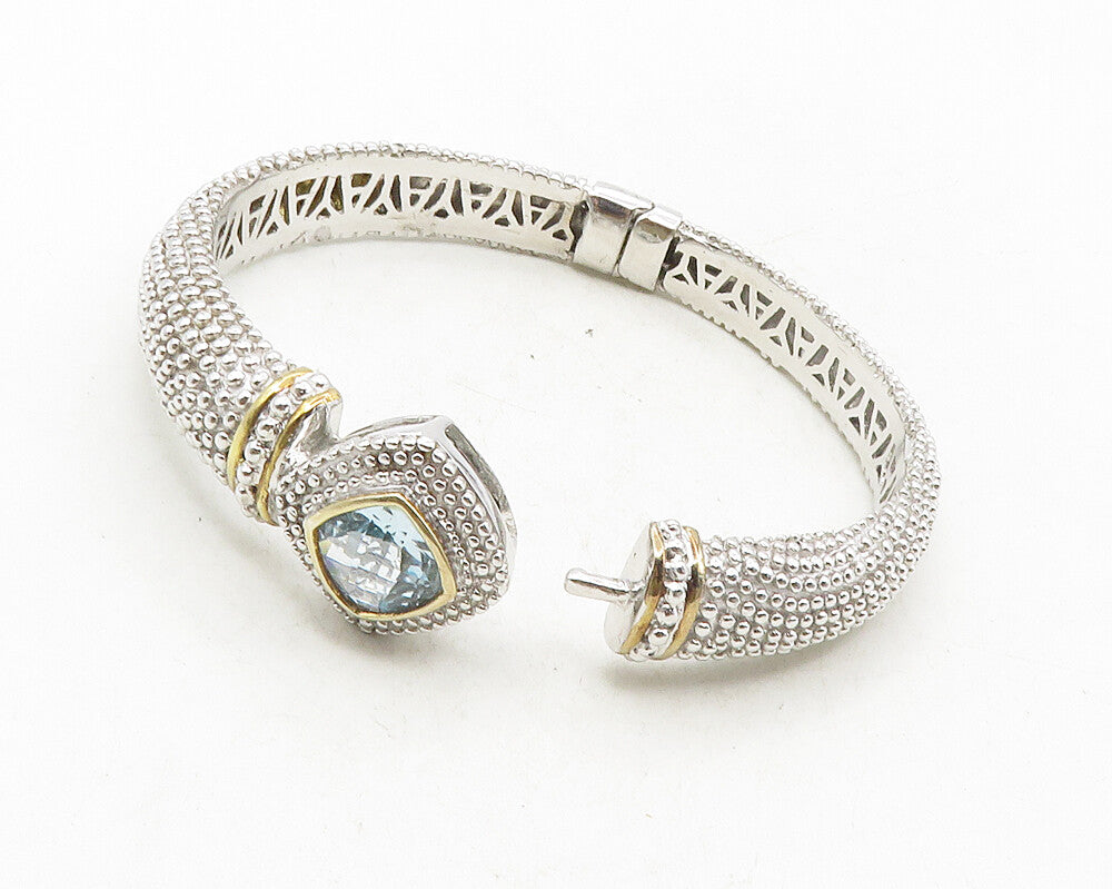 925 Sterling Silver  Blue Topaz Shiny Two Tone Spiked Bangle Bracelet  BT4270