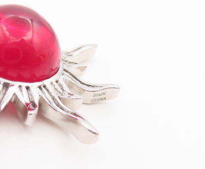 925 Sterling Silver Vintage Pendant Cabochon Ruby Sunburst Cutout Charm  PT26256