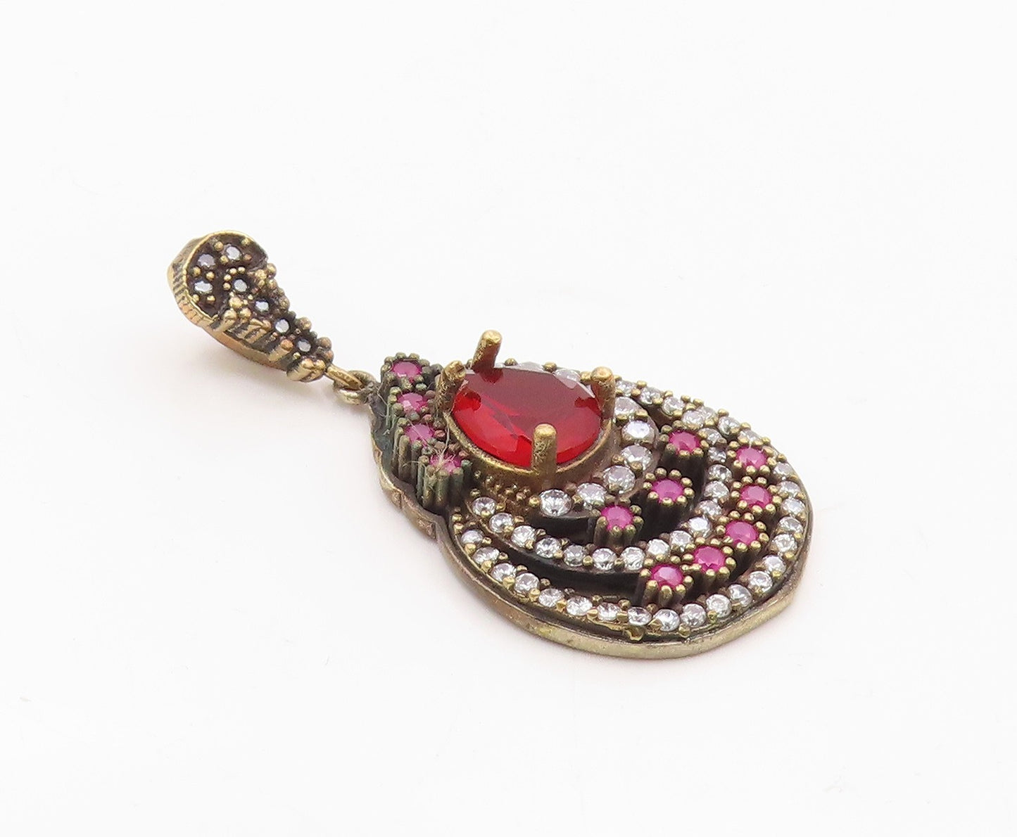 925 Sterling Silver  Vintage Red Topaz Cubic Zirconia & Ruby Pendant  PT6287