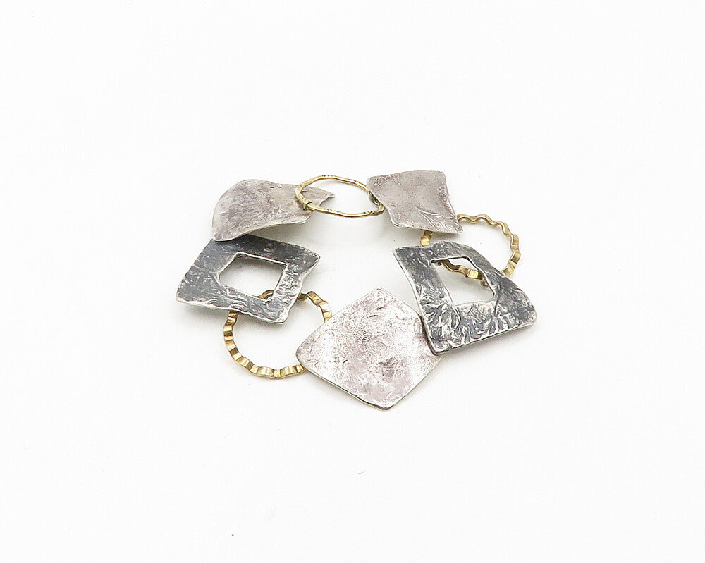 925 Silver & 14K GOLD  Vintage 2 Tone Sculpted Modernist Chain Bracelet BT7763