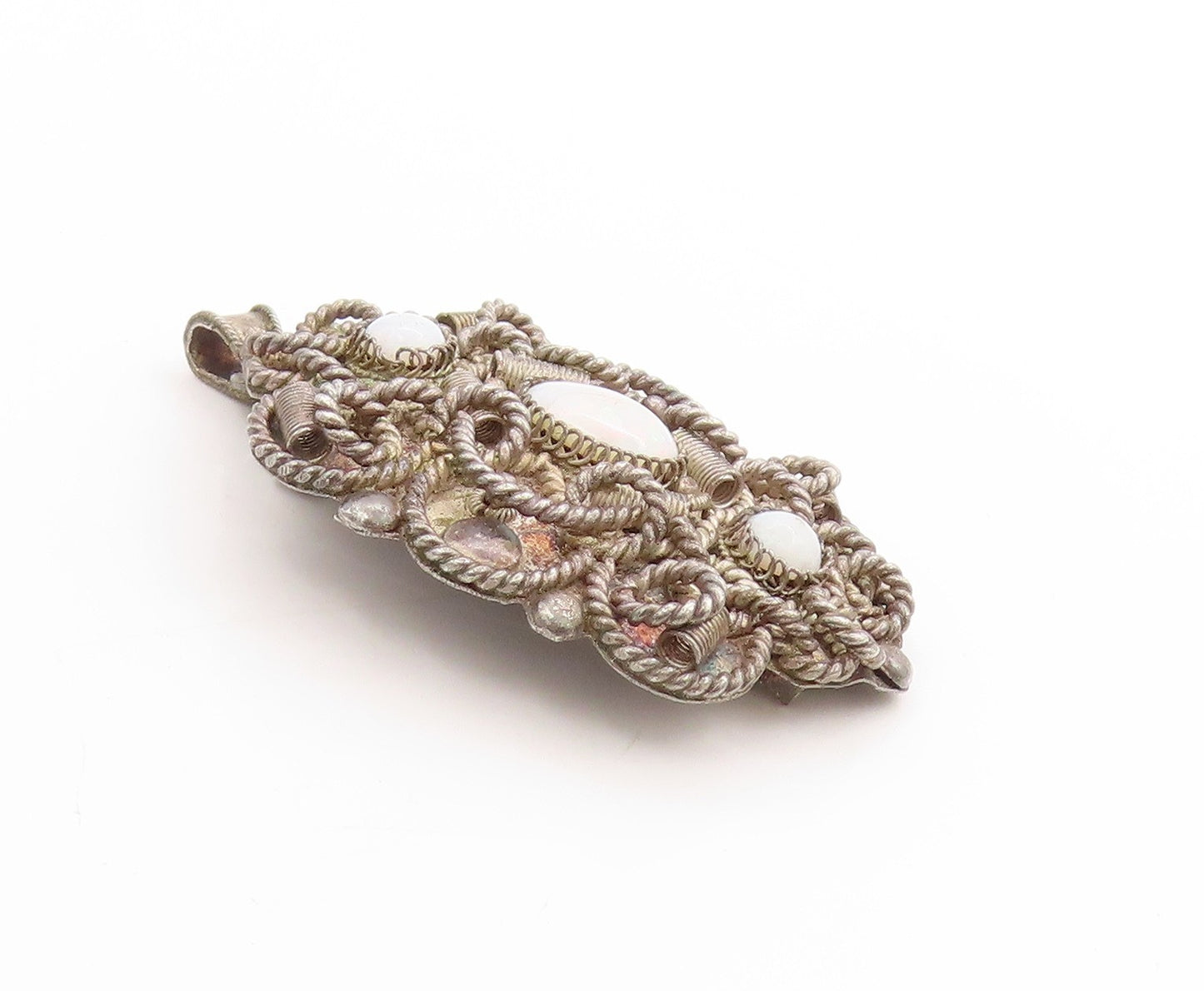 925 Sterling Silver Vintage Brooch ISRAEL Opal Twisted Rope Floral Pin  BP11910