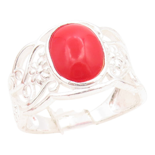 925 Sterling Silver Vintage Ring Cabochon Coral Floral Scrollwork  Sz 8  RG35673