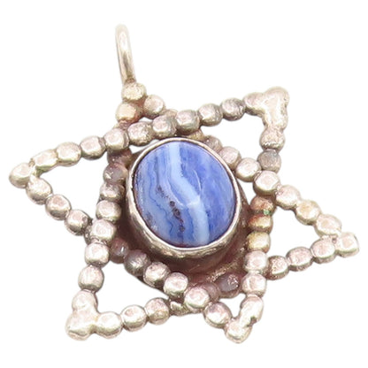 925 Sterling Silver Vintage Pendant Classic Blue Agate Star Of David  PT26655