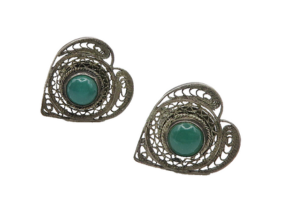 925 Silver Vintage Antique Green Carnelian Heart Non Pierce Earrings EG8039
