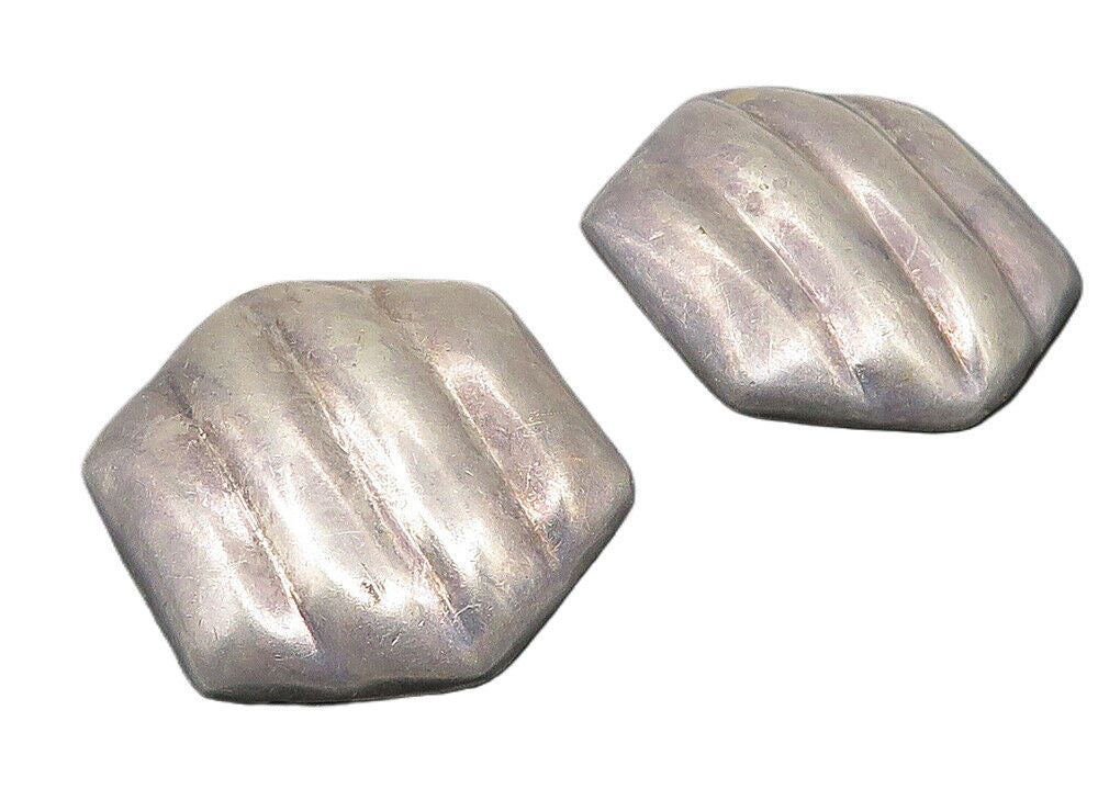 MEXICO 925 Silver   Vintage Dark Tone Hexagon Non Pierce Earrings  EG5745