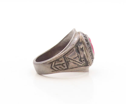 925 Sterling Silver Vintage Ring Dark Tone Red CZ 1972 School  Sz 9  RG31024