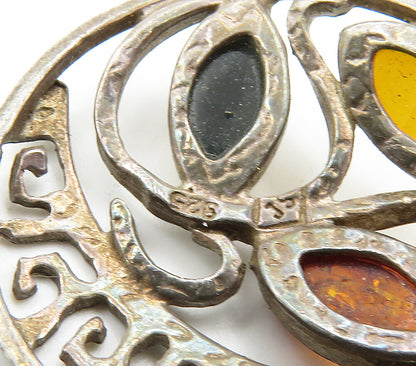 925 Sterling Silver  Vintage Amber Floral Vine Greek Key Pendant  PT12473