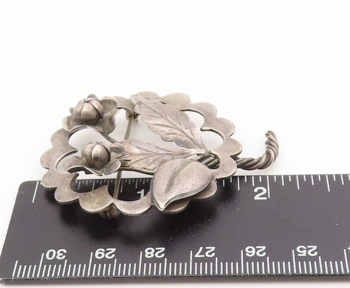925 Sterling Silver Vintage Brooch Elegant Twisted Stem Floral Blossom  BP12251