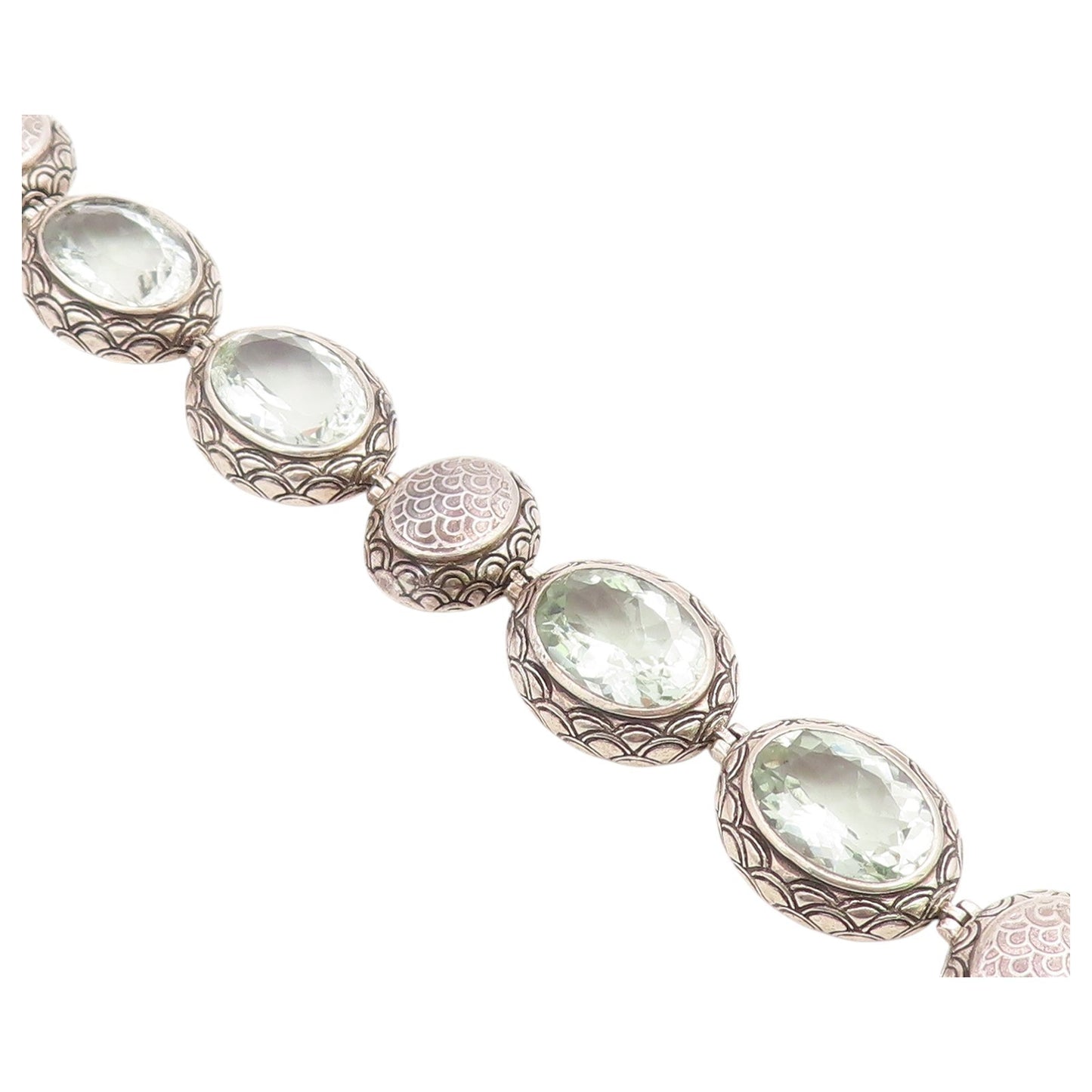 925 Sterling Silver Vintage Bracelet Green Amethyst Etched Oval Link  BT12188