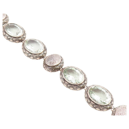925 Sterling Silver Vintage Bracelet Green Amethyst Etched Oval Link  BT12188
