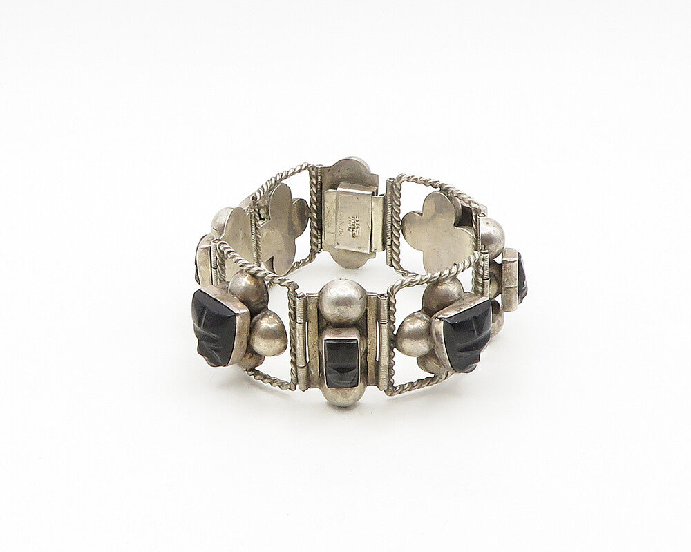 MEXICO 925 Silver  Vintage Face Carved Black Onyx Chain Bracelet  BT7556