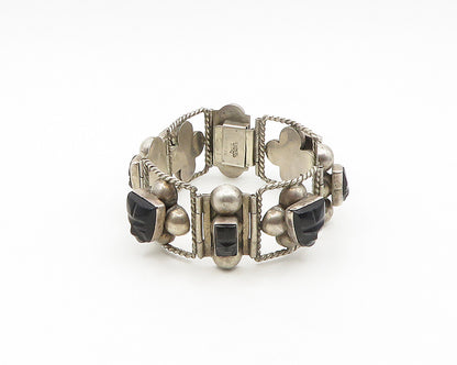 MEXICO 925 Silver  Vintage Face Carved Black Onyx Chain Bracelet  BT7556