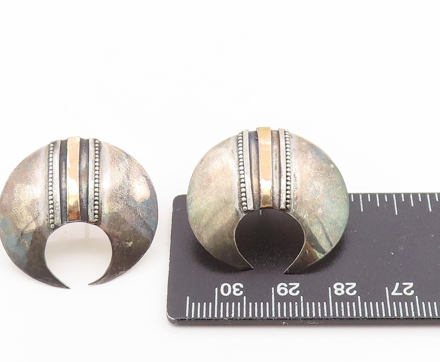 14k Gold & 925 Sterling Silver Vintage Earrings Bold Crescent Moon Stud  EG14188