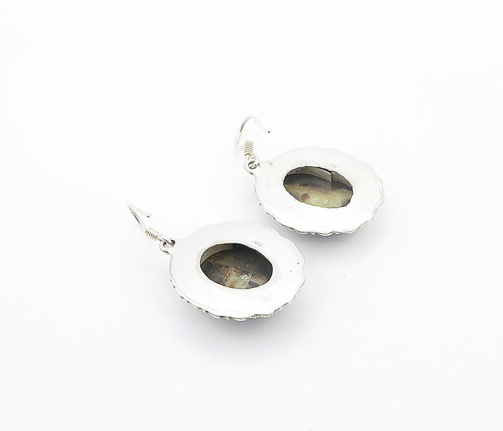 925 Sterling Silver  Vintage Cabochon Cut Jasper Floral Drop Earrings  EG3129