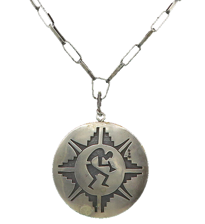 NAVAJO 925 Silver  Vintage Kokopelli Dancer Bear Print Chain Necklace  NE2976
