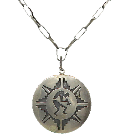 NAVAJO 925 Silver  Vintage Kokopelli Dancer Bear Print Chain Necklace  NE2976