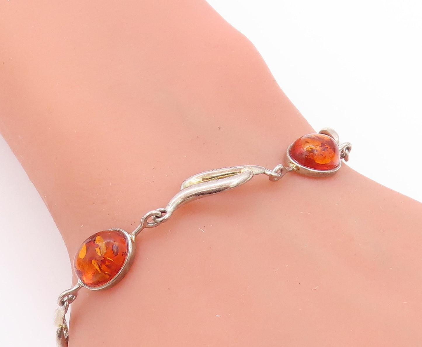 925 Sterling Silver Vintage Bracelet Cabochon Honey Amber Swirly Design  BT11257