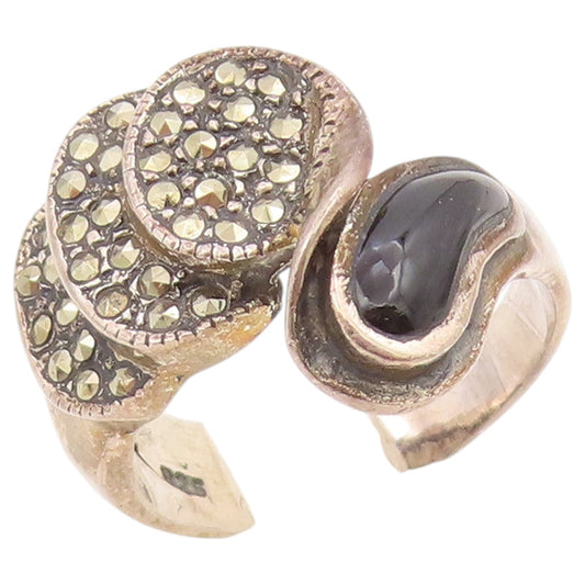 925 Sterling Silver Vintage Ring Onyx & Marcasite Statement Band  Sz 8  RG36426