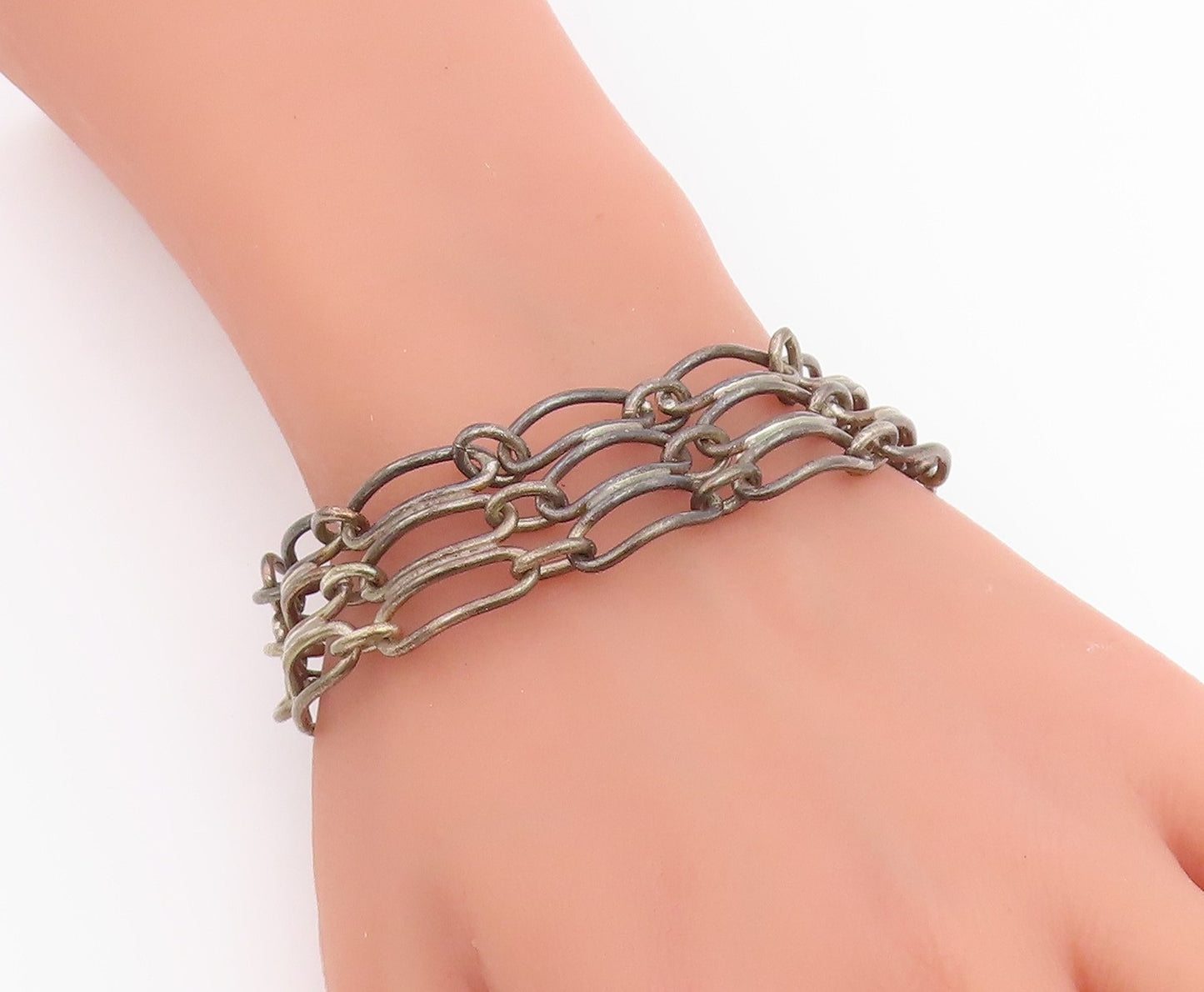 925 Sterling Silver Vintage Bracelet Triple Strand Open Loop Chain  BT12218