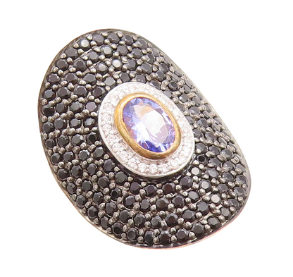 925 Sterling Silver Vintage Ring Gold Plated 2 tone CZ & Spinel  Sz 6.5  RG30093