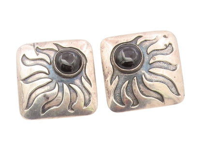 925 Sterling Silver Vintage Earrings Black Onyx Carved Sunburst Clip On  EG13871