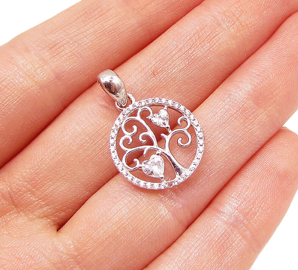 925 Sterling Silver  White Cubic Zirconia Love Heart Tree Drop Pendant  PT1734