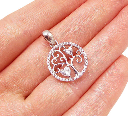925 Sterling Silver  White Cubic Zirconia Love Heart Tree Drop Pendant  PT1734