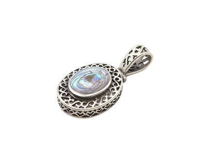 925 Sterling Silver  Vintage Abalone Shell Oval Swirl Border Pendant  PT15032
