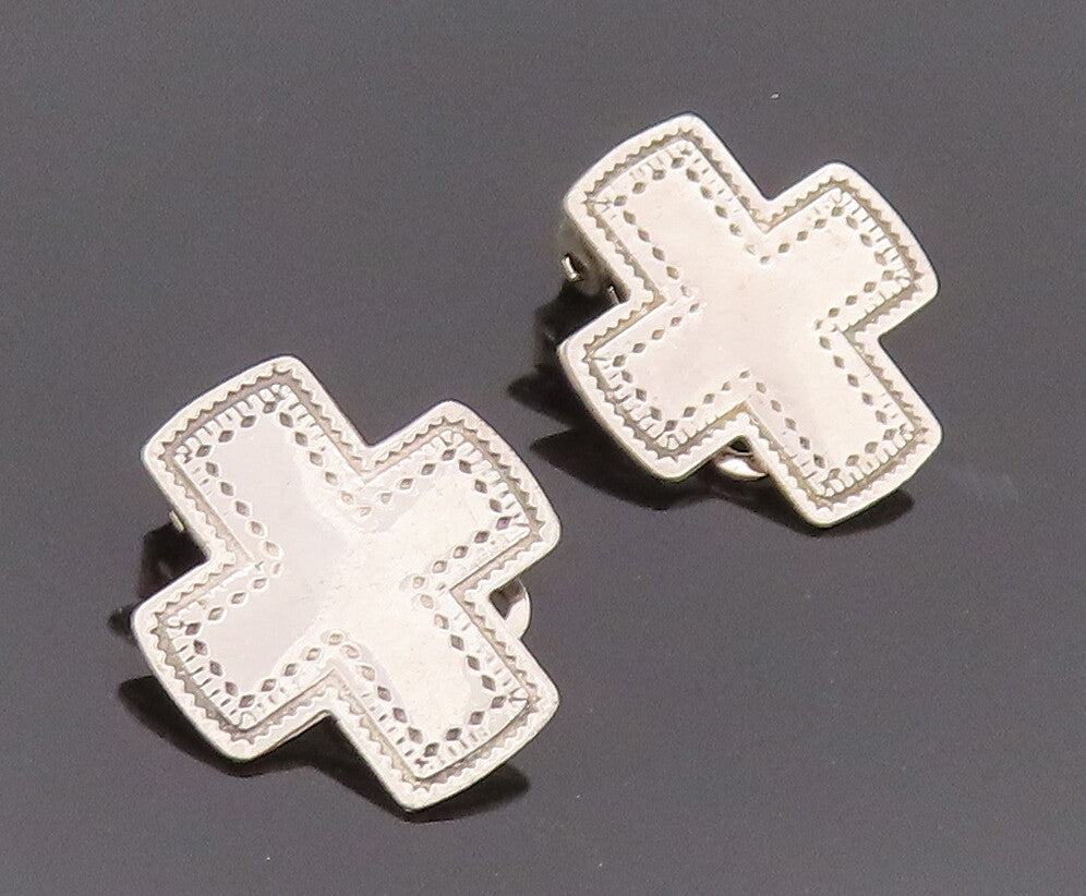 925 Sterling Silver Earrings MEXICO Minimalist Etched Border Mini Cross  EG12837