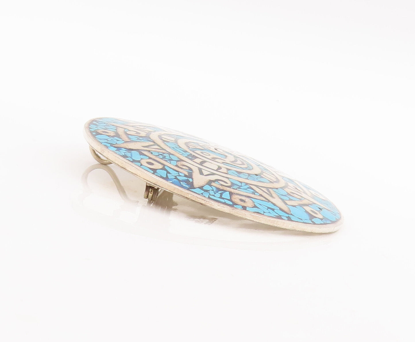 925 Sterling Silver Vintage Brooch Pin MEXICO Crushed Larimar Celtic Sun BP11055
