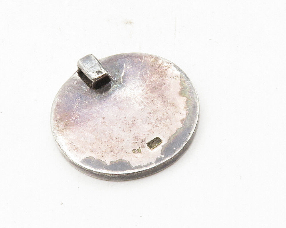 925 Sterling Silver  Vintage Inlaid Mother Of Pearl Round Pendant  PT7292