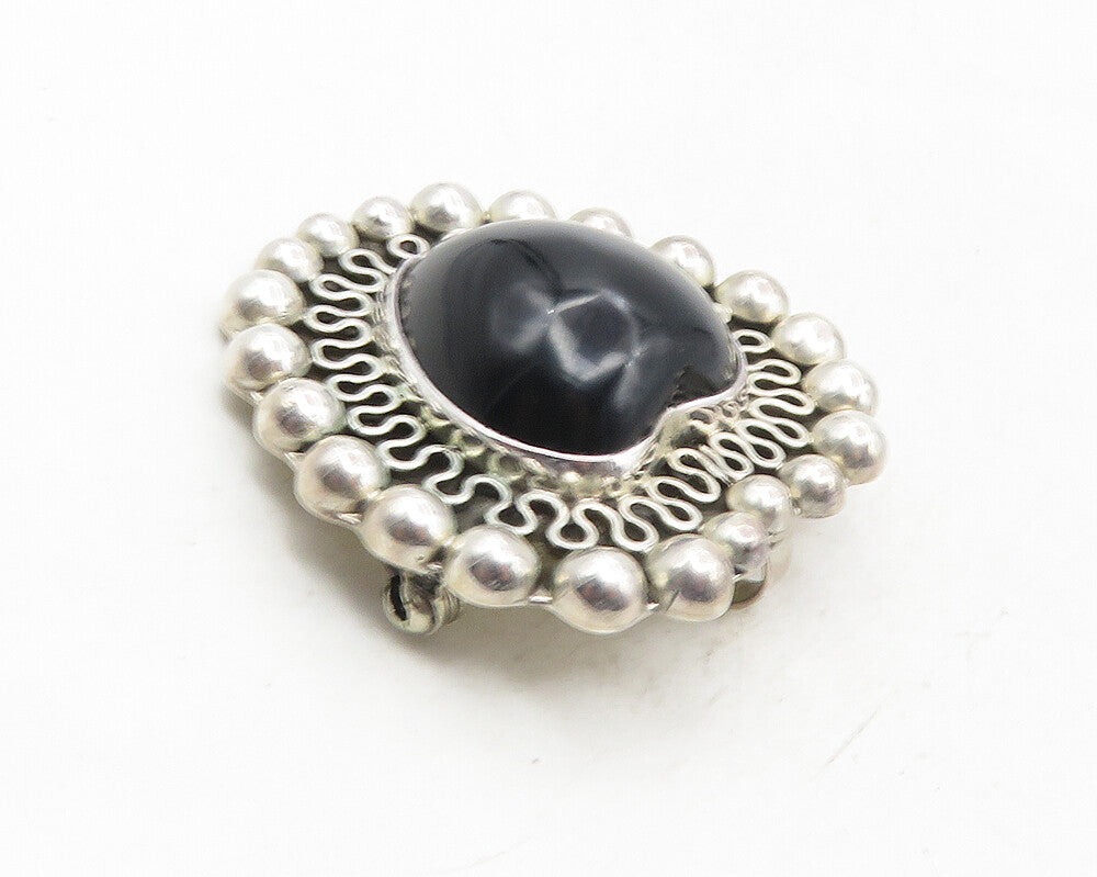 MEXICO 925 Sterling Silver  Vintage Black Onyx Love Heart Brooch Pin  BP3843