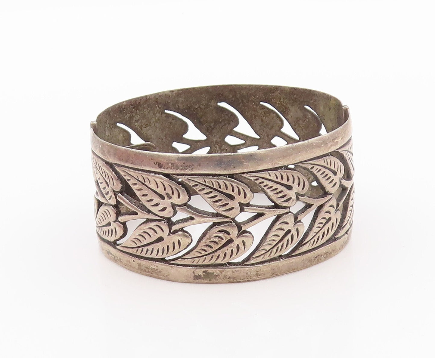 925 Sterling Silver Vintage Bracelet PERU Antique Dark Tone Leaf Bangle  BT11126