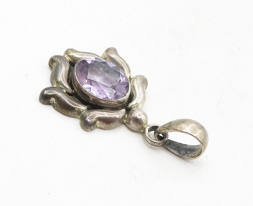 925 Sterling Silver  Vintage Faceted Amethyst Dark Tone Drop Pendant  PT7081