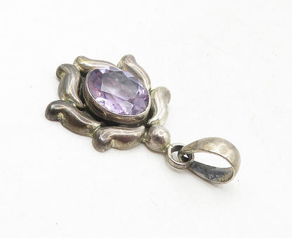 925 Sterling Silver  Vintage Faceted Amethyst Dark Tone Drop Pendant  PT7081