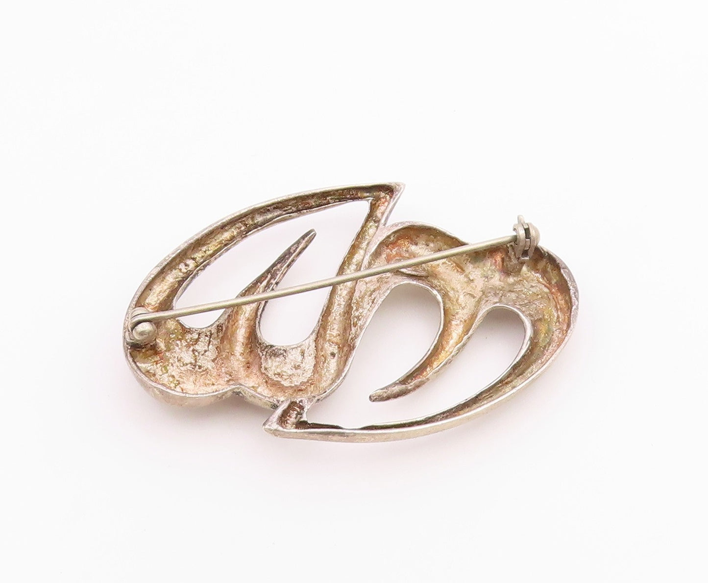 925 Sterling Silver  Vintage Smooth Double Open Love Heart Brooch Pin  BP3078
